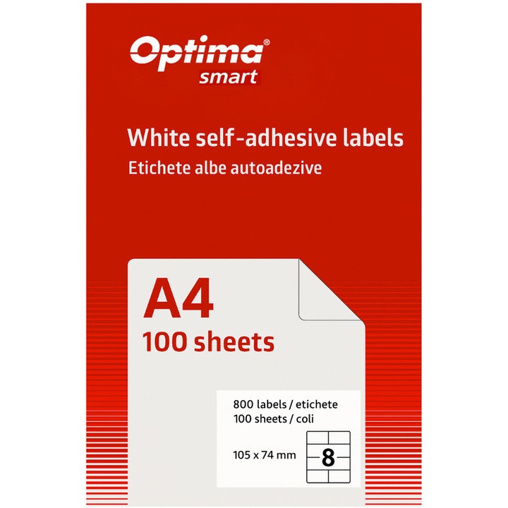 Самозалепващи бели етикети Optima Smart 8/A4, 105 x 74 мм, 100 листа/топ