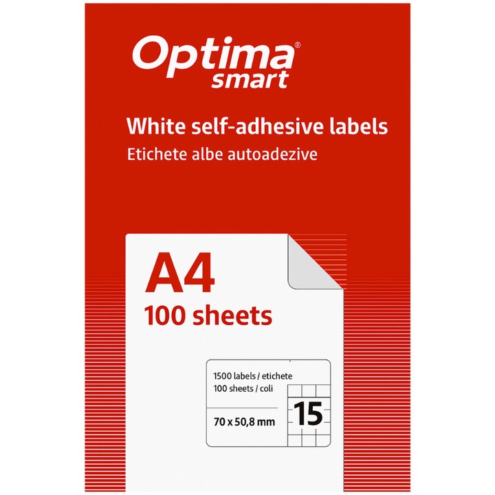 Самозалепващи бели етикети Optima Smart 15/A4, 70 x 50.8 мм, 100 листа/топ