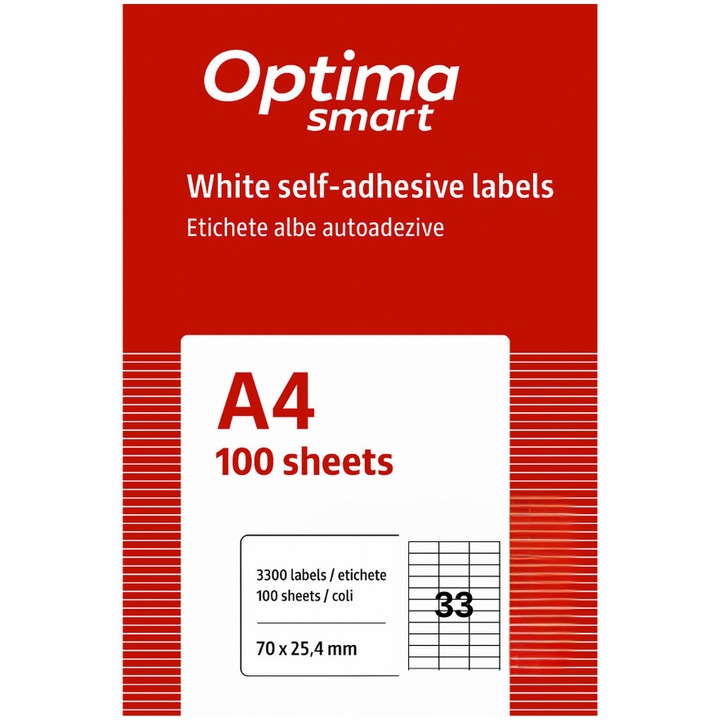 Самозалепващи бели етикети Optima Smart 33/A4, 70 x 25.4 мм, 100 листа/топ