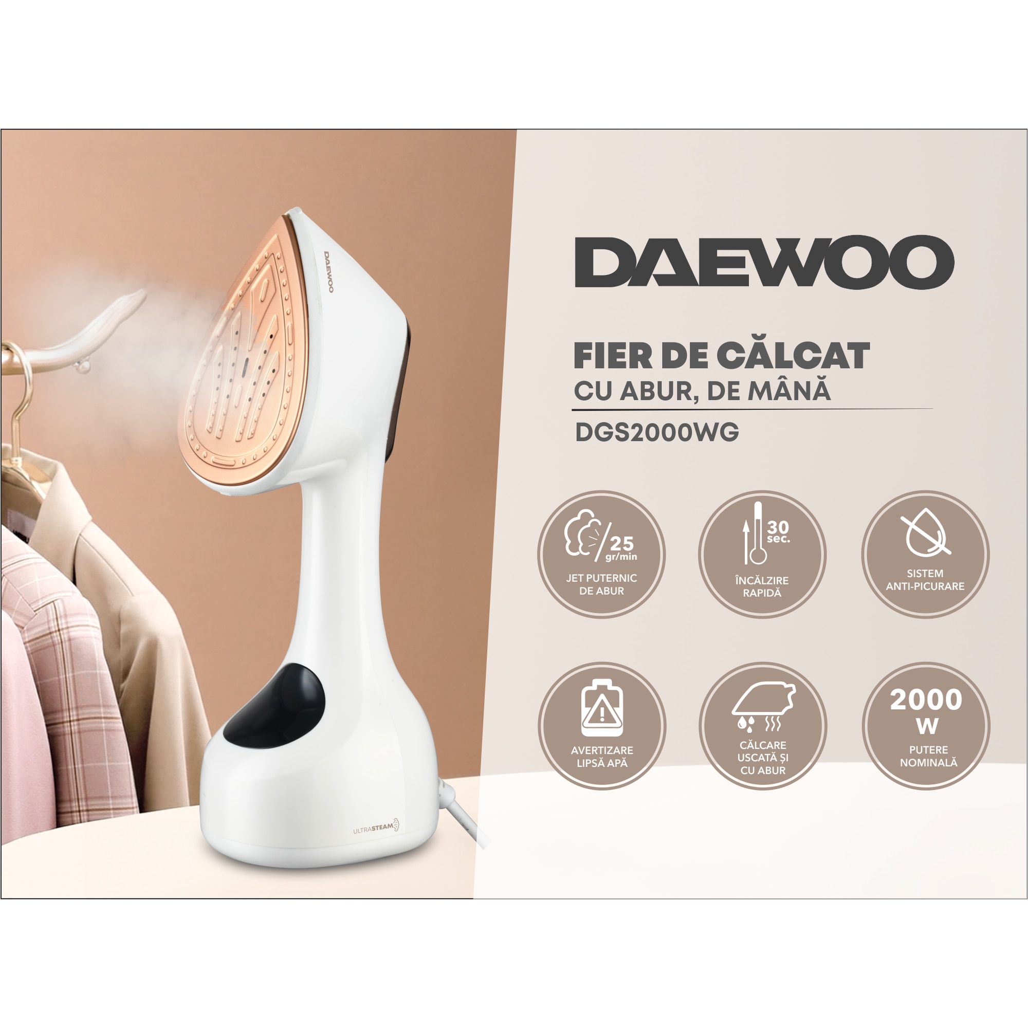 Aparat de calcat vertical cu abur si uscat Daewoo DGS2000WG, 2000W, panou de control cu LED, rezervor apa 300 ml, debit abur 25g/min, alb