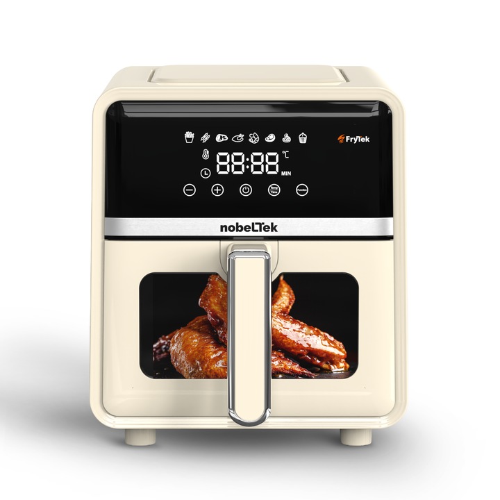 Friteuza cu aer cald NobeLTek NAF1400C, putere maxima 1400 W, display LCD, capacitate 5 litri, timer, 8 programe predefinite, temperatura reglabila 80-200 grade Celsius, cos cu maner, crem
