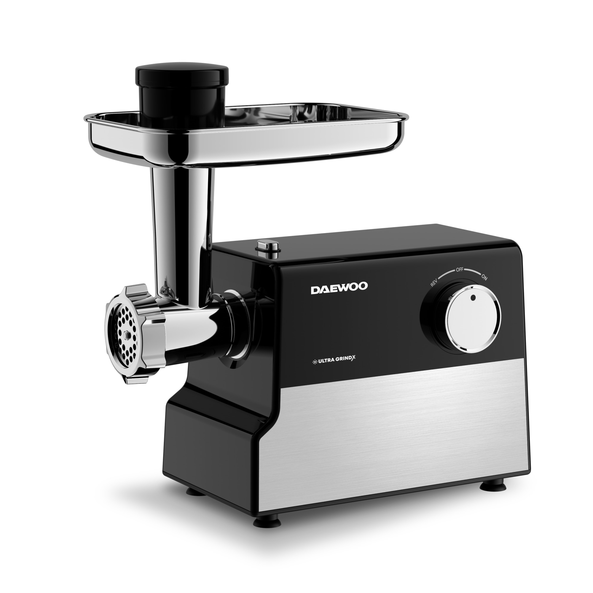 Masina de tocat carne Daewoo DMG2000DC, 2000 W, 2.5 kg/minut, 3 discuri de taiere, accesorii suc de rosii+carnati, lama taiere din inox, functie reverse, clasa de protectie l, negr