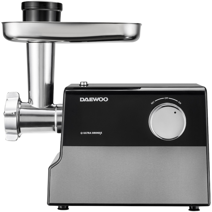 Месомелачка Daewoo DMG2000DC, 2000 W, 2.5 кг/минута, 3 режещи диска, Аксесоари за доматен сок+колбаси, Нож от неръждаема стомана, Функция за заден ход, Клас на защита I, Черен/Сребрист