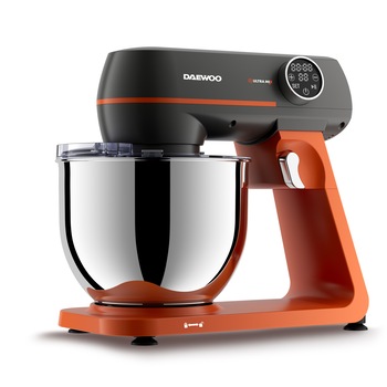 Mixer cu bol Daewoo DHM1000, putere 1000 W, 10 trepte de viteza, capacitate bol inox 7 litri, angrenaj metalic, display LED, accesorii incluse: tel, carlig framantare, palete amestecare, capac bol, negru/portocaliu