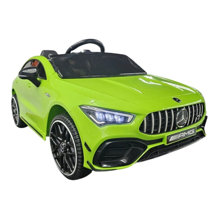 Masina electrica licenta Mercedes CLA 45, pentru o persoana, Verde, 12V, cu telecomanda, Bluetooth, MP3, USB, 110x61x45 cm