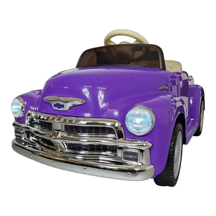 Masina electrica licenta Chevrolet 3100 pick-up, pentru o persoana, Mov, 12V, cu telecomanda, Bluetooth, Radio, USB, 103x55x51 cm