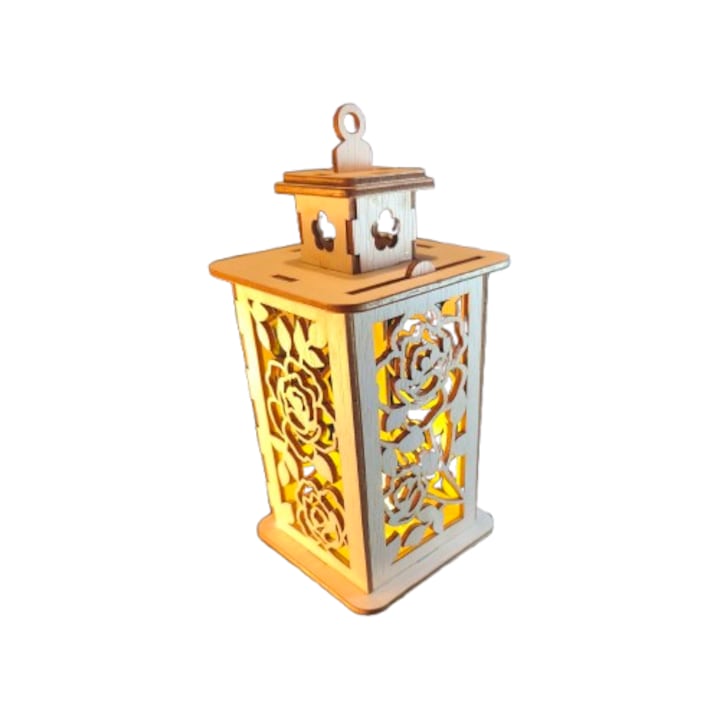 Felinar din lemn, decorativ cu lampa led, 11x11x22 cm, 4 mm, natur Mos6m