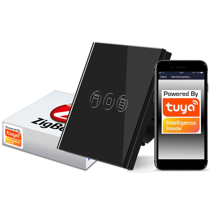 Intrerupator rolete dotyk cu sticla, RTX, Zigbee 3.0, negru, 8,6x8,6x0,4cm