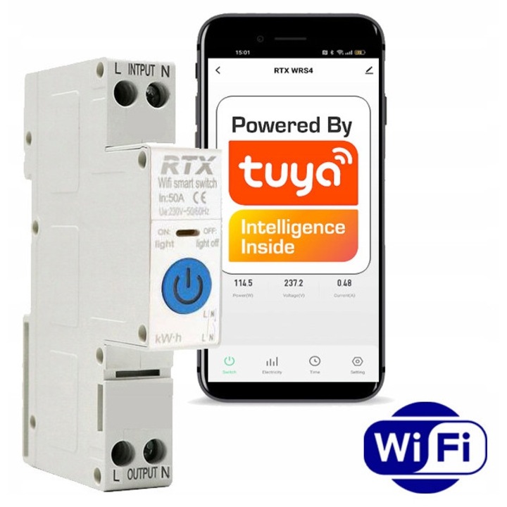 WiFi интелигентно реле RTX 50A с измерване на енергия, 100x73x18mm