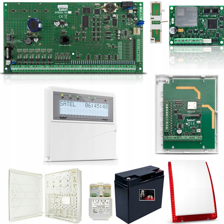 Sistem alarma SATEL Integra 64 GSM LTE LCD Alb, controler radio ACU-220, sirena SP-4003R, extensibil