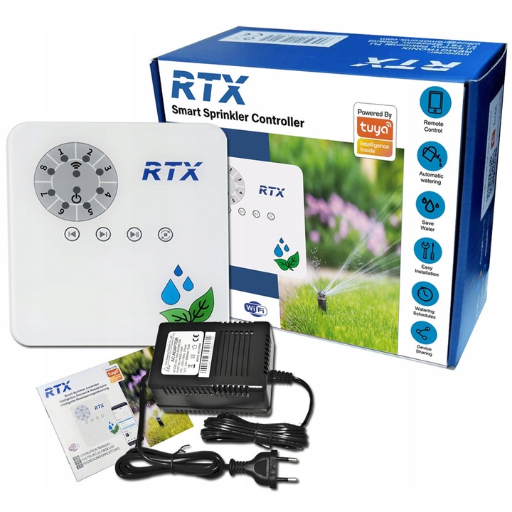 Controler de irigare RTX TUYA WiFi 8 zone, control automat, alimentare 24V, 16x16x3cm