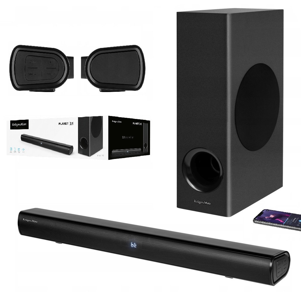 Soundbar Kruger&Matz Planet 2.1, Subwoofer, Bluetooth 5.3, HDMI, USB, 600x85x62mm, set