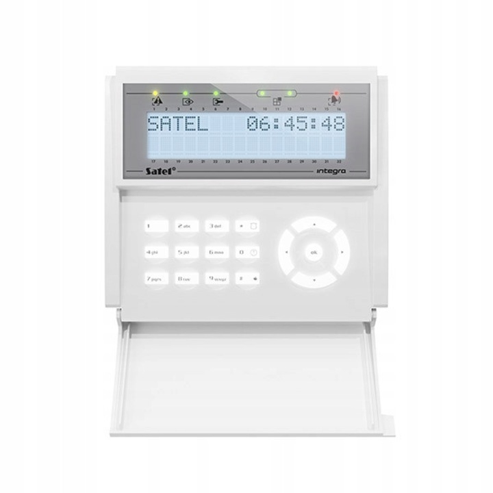 Клавиатура за алармена централа / манипулатор Satel INT-KLCD-W, кабелна, LCD дисплей с бяла подсветка, RS-232, Бял