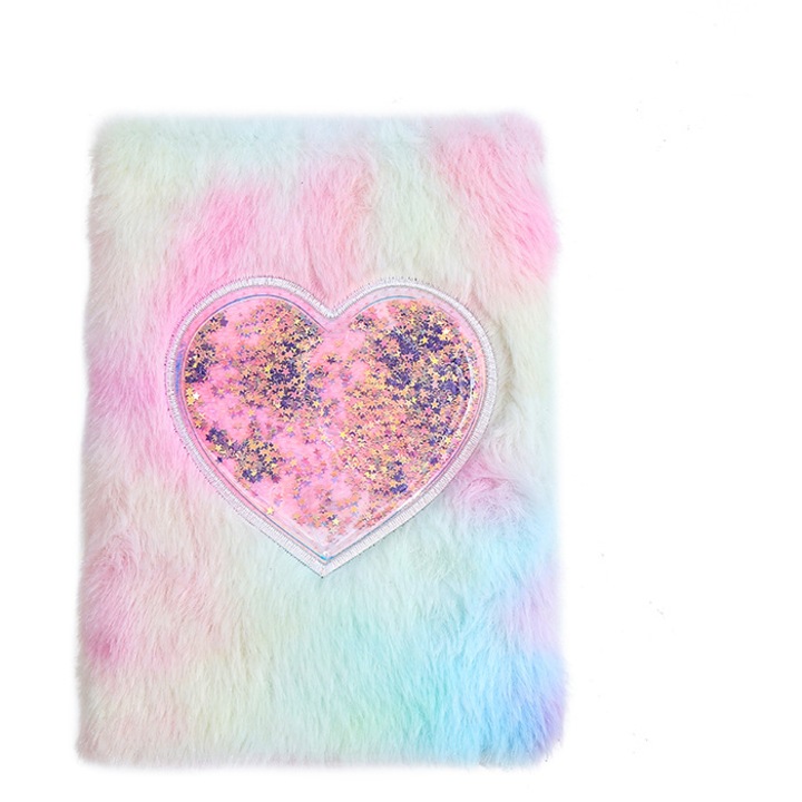 Agenda pufoasa, caiet A5 dictando, cu blanita colorata, roz, cu inima cu confeti