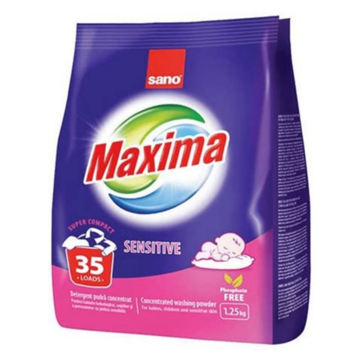 Detergent pudra Sano Maxima Sensitive, 35 spalari, hipoalergenic, fara fosfati, super compact, 1.25KG