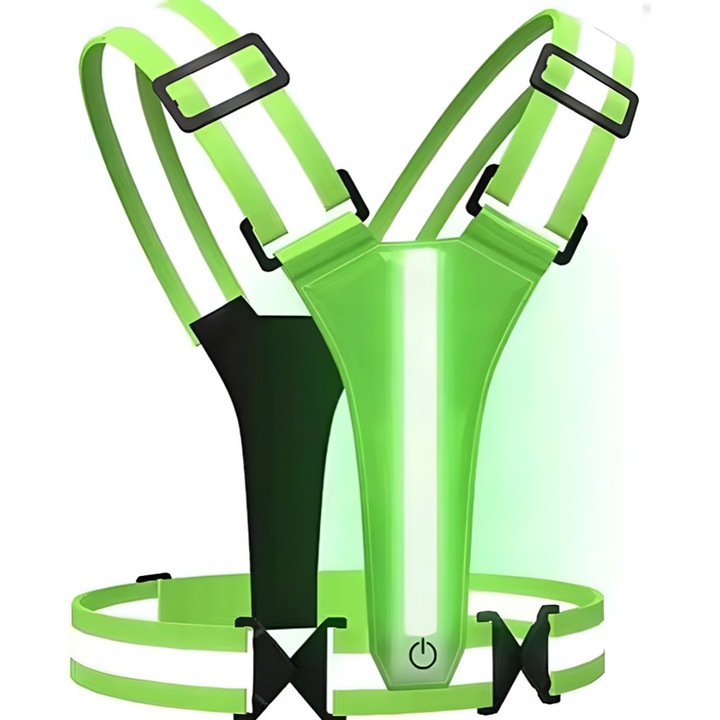 Vesta luminoasa cu LED cu luminozitate ridicata, regulare la trei niveluri, verde, respirabila, elastica, zi si noapte, bicicleta / alergare / cladire, incarcare USB