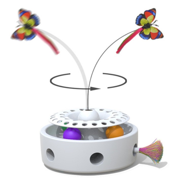 Jucarie interactiva inteligenta 3-in-1 pentru pisici, cu rotatie de 360°, pene, mingi si fluturi, durata mare a bateriei, distractie pentru pisici, ajuta la pierderea greutatii, previne problemele de comportament, prevenirea singuratatii