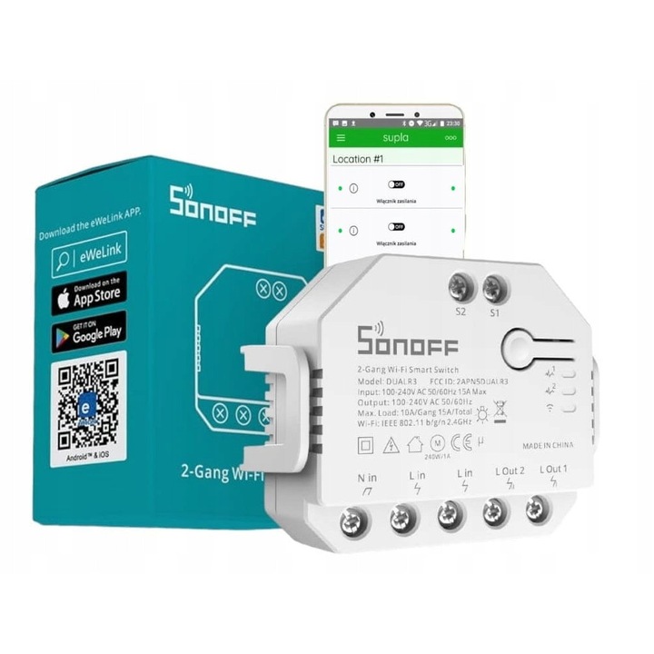 Sonoff Dual R3 modul, 2 csatornás, WiFi, 54x49x24mm, fehér