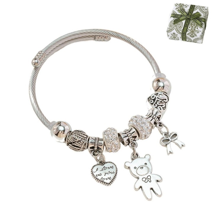 Bracia de femei, culorile argintii, lungime ajustabila, eleganta si stilizata, pendentiv cu ursulet