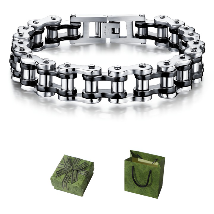 Bratara pentru barbati, titan metal, stil lant auto automat, personalitate rock, lant motocicleta, 21.5x1.2cm, negru + argint, fara estompere