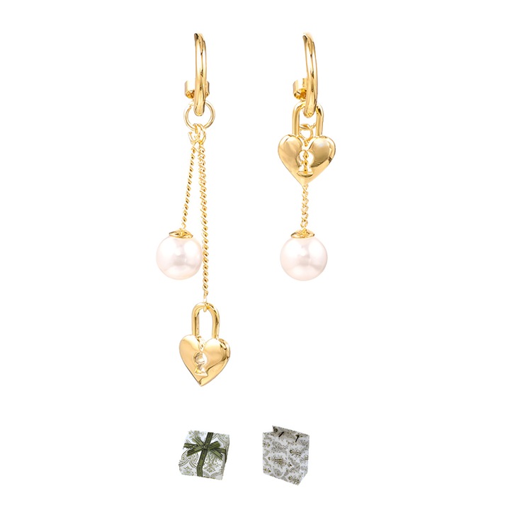 Cercei retro franceze, perle sintetice, asimetrice, blocat inima, elegant si vibrant, fata subtire, caracter elegant, aur