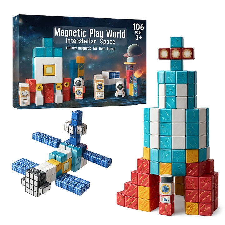 Магнитен конструктор, 3D дизайн, STEM обучение, развитие на креативността и фината моторика, безопасен, издръжлив - MAGSET Space