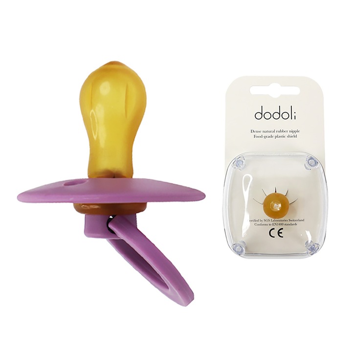 Залъгалка Dodoli, естествен латекс, кръгъл биберон, Виолетов, 0-6 месеца, включена кутия
