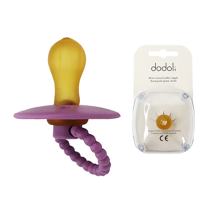 Залъгалка Dodoli Pearls, естествен латекс, кръгъл биберон, лилав, 0-6 месеца, включена кутия