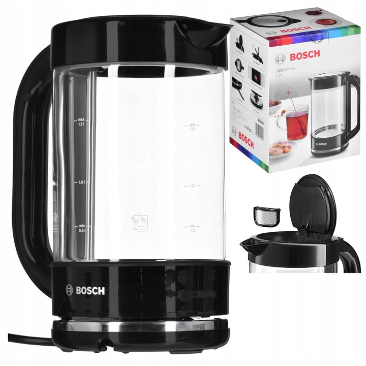 Ceainic Electric Bosch Sticla Negru 1.7L 2400W Filtru Detasabil