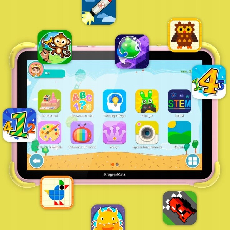 Tableta pentru copii Kruger&Matz FUN 1008, 10,1", 4GB RAM, 64GB, roz, 162x180x17,5mm, LTE, WiFi, GPS, Android 13