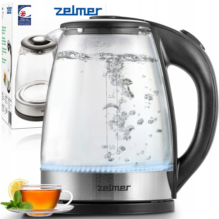 Ceainic electric Zelmer, sticlă și oțel inoxidabil, 1.8L, iluminare LED
