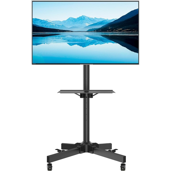 Suport TV BONTEC cu roti pentru ecrane Plasma/LCD/LED de 23-55 inch, pana la 40 kg, suport rulant reglabil pe inaltime si functie de inclinare cu raft pentru laptop, MAX VESA 400x400