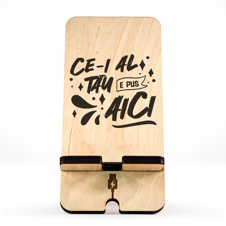 Поставка за телефон или таблет, персонализиран подарък, оригинален надпис, „Каквото е твое, е поставено тук“, аксесоар за бюро, дървена, натурален цвят