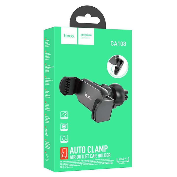 Suport Auto Hoco (CA108), cu cleme laterale, montaj Ventilatie, Compact, Black