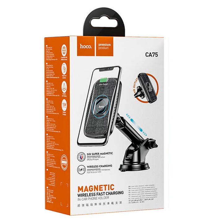 Suport Auto cu incarcare Wireless Hoco (CA75), 15W, Magnetic, montaj Grila/Bord, AutoLock, brat ajustabil, Black
