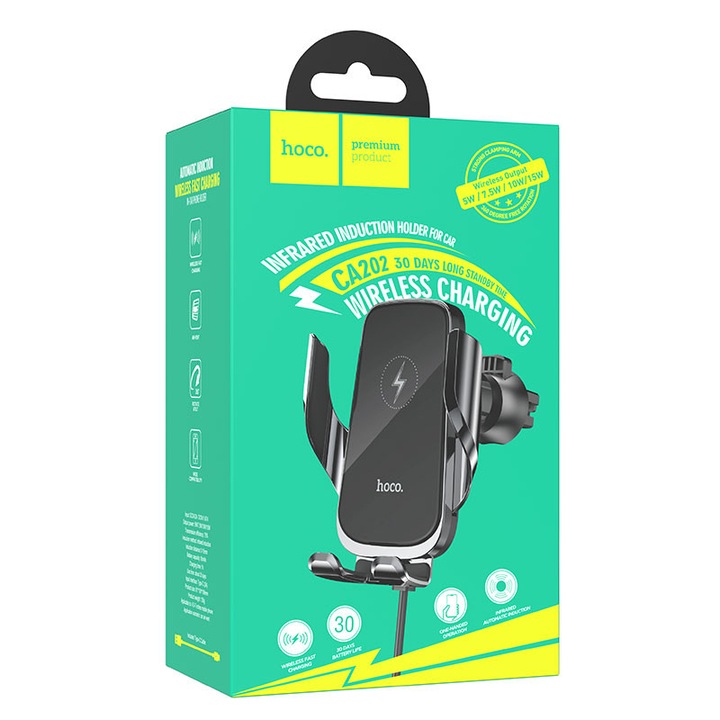 Suport Auto Hoco (CA202), Wireless, cu cleme laterale, montaj Ventilatie, senzor InfraRed, AutoGravity, Black