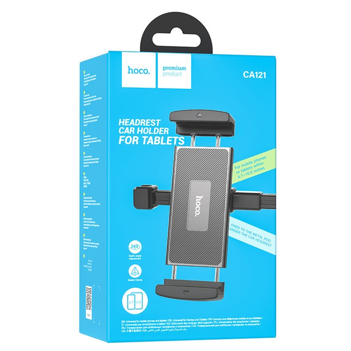Suport Auto Hoco (CA121), cu cleme laterale, montaj Tetiera, tableta/telefon, 360A°, brat ajustabil, Black