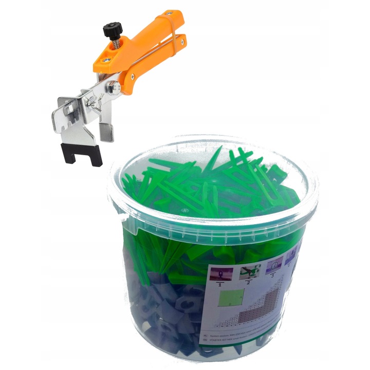 Set sistem nivelare placi ceramice Marten, 300 clipsuri, 100 clinuri verzi, szczypce, multicolor