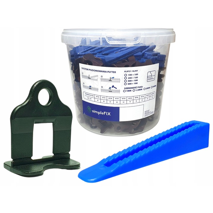 Set nivelare placi gresie SimpleFix, 300 clipsuri, 100 clinuri, pentru grosimi 6-15 mm, latime rost 1-3 mm