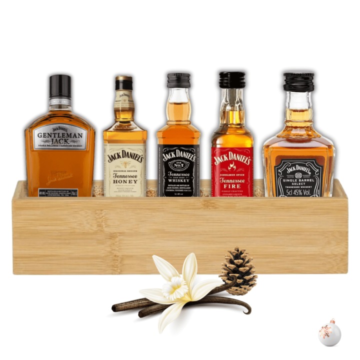 Pachet Cadou Whisky Jack Daniel's - 5 Bauturi Tennessee 0.50ml in Cutie Bambus