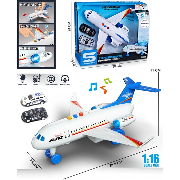 Mamido Avion 1:16 efecte luminoase si sonore alb + 2 masinute MT1288