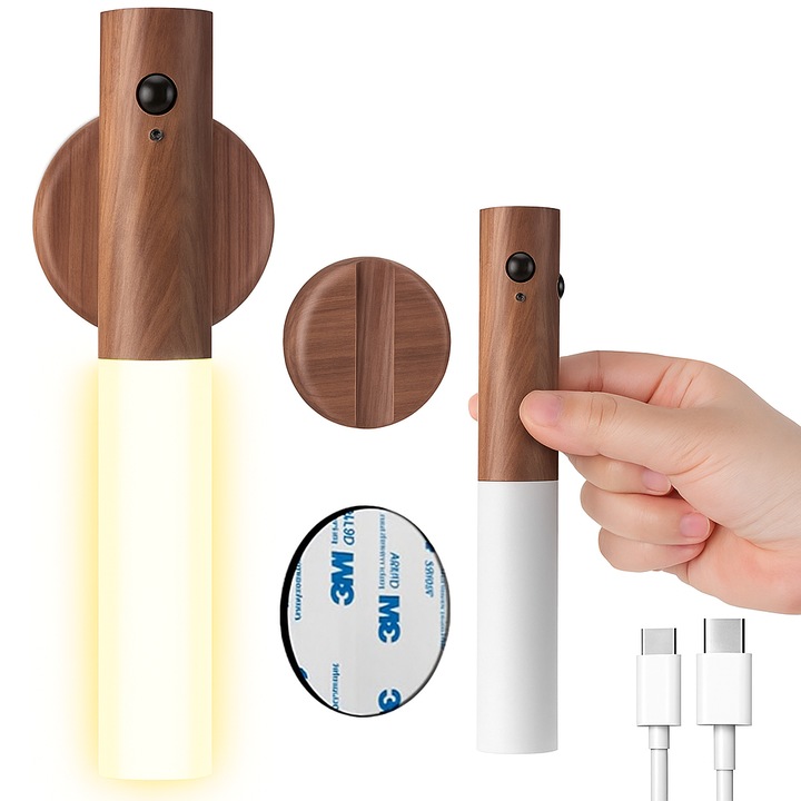 Lampa LED de perete Zola, senzor de miscare, suport magnetic, lumina calda, 18x2.5cm, maro inchis, set inclus cablu USB-C