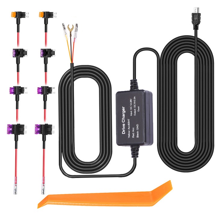 Kit de hardwire pentru camera auto, 12V-30V la 5V/3A, 3.2m, cabluri de conectare, protectie la scurgeri, sistem de protectie a tensiunii