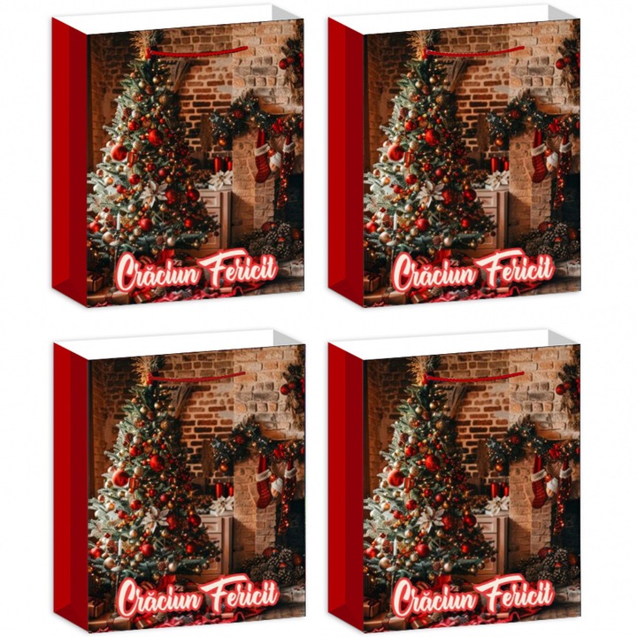 Set 4 Pungi Cadou de Craciun, 23×18×10 cm, Modele Premium cu Tematica de Sarbatori, pentru Cadouri de Craciun si Mos Nicolae, 088663