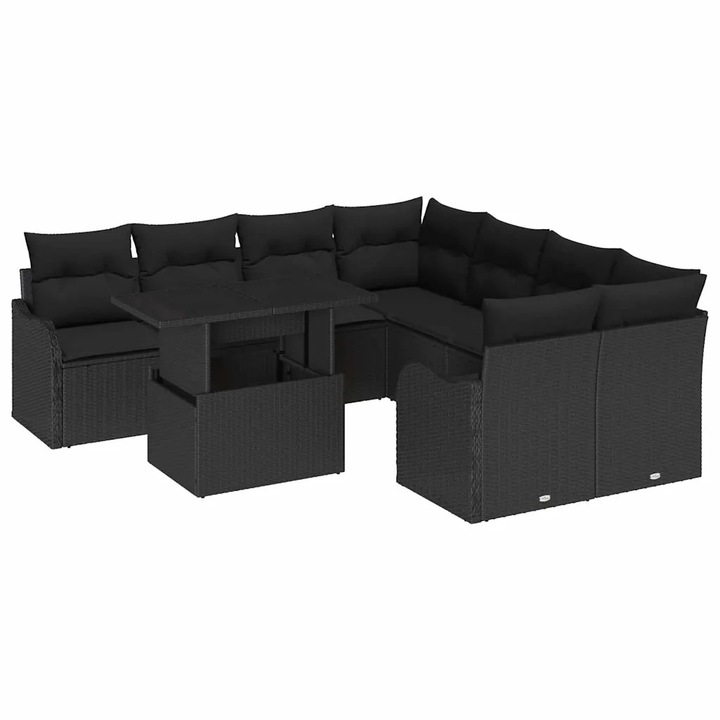 Set de canapele pentru gradina cu perna vidaXL, 9 pcs Negru Rattan poli