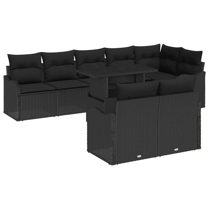 Set modular de lounge exterior pentru 9 persoane, vidaXL, rattan sintetic, negru, cu perne inclusă
