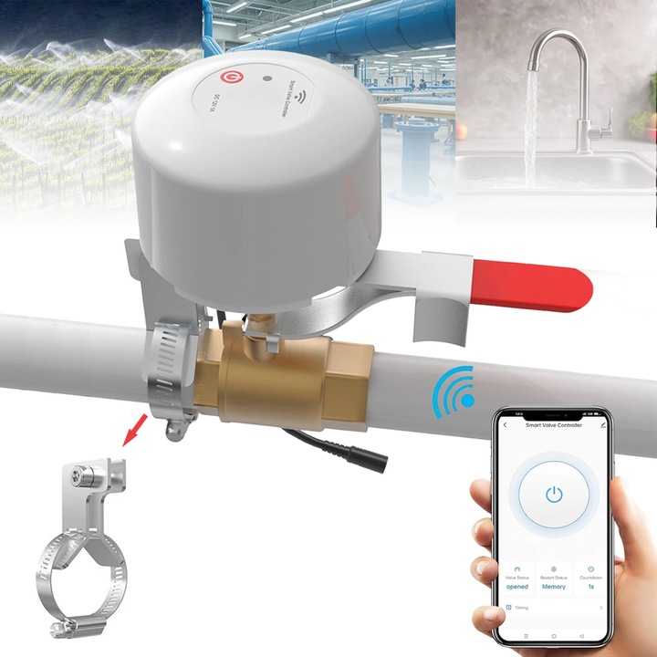 Bedee® WiFi Intelligens Elektromos Szelep, Víz/Gázcsövekhez, Állítható tartó, Program és Visszaszámlálás, Kompatibilis a Tuya, Smart Life, Alexa és Google Home rendszerekkel, Fehér