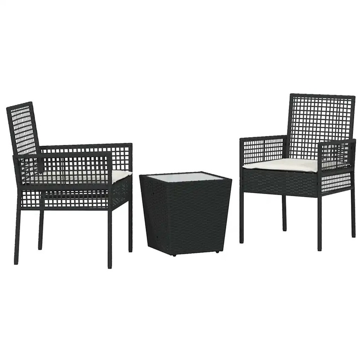 Set Bistro Grădină vidaXL, Rattan sintetic, Negru, Include masă și 2 scaune cu perne, Rezistent la vreme