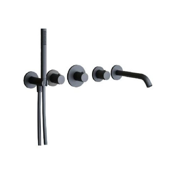 Термостатична батерия Paffoni, 5-отворен монтаж, матово черна, за 2 консуматора, 585x231x208мм