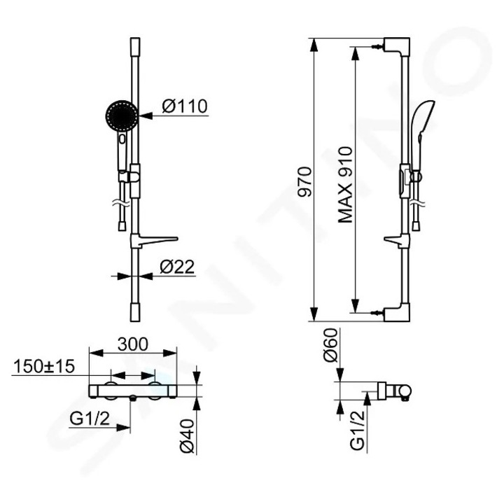 Set de dus Hansa cu termostat, 3 moduri, otel periat, montaj pe perete, 1750mm